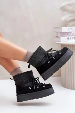 Śniegowce Z Wiązaniem Na Platformie Czarne Mavora