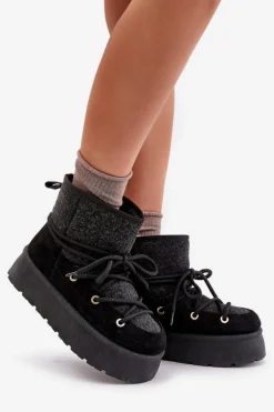 Śniegowce Z Wiązaniem Na Platformie Czarne Mavora