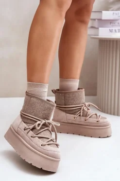 Śniegowce Z Wiązaniem Na Platformie Beżowe Mavora