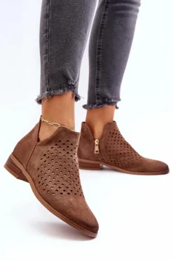 Niskie Botki Damskie Na Płaskim Obcasie Brązowe Janetris