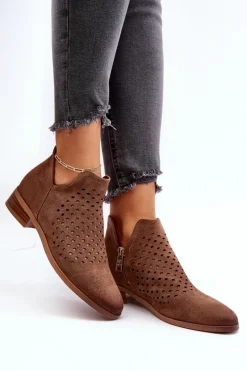 Niskie Botki Damskie Na Płaskim Obcasie Brązowe Janetris