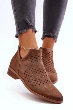 Niskie Botki Damskie Na Płaskim Obcasie Brązowe Janetris