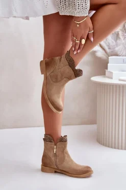 Niskie Botki Damskie Na Płaskim Obcasie Zamszowe Lewski 3624 Beżowe