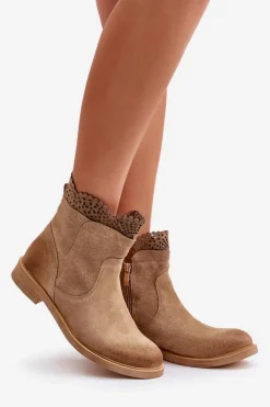 Niskie Botki Damskie Na Płaskim Obcasie Zamszowe Lewski 3624 Beżowe