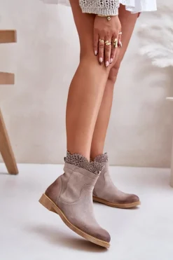 Niskie Botki Damskie Na Płaskim Obcasie Zamszowe Lewski 3624 Cappucino