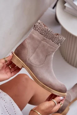 Niskie Botki Damskie Na Płaskim Obcasie Zamszowe Lewski 3624 Cappucino