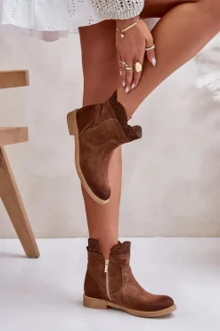 Niskie Botki Damskie Na Płaskim Obcasie Zamszowe Lewski 3624 Brązowe