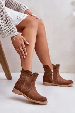 Niskie Botki Damskie Na Płaskim Obcasie Zamszowe Lewski 3624 Brązowe