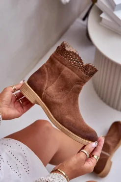 Niskie Botki Damskie Na Płaskim Obcasie Zamszowe Lewski 3624 Brązowe