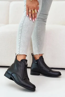 Niskie Botki Damskie Na Płaskim Obcasie Ocieplane Czarne S.Barski HY42-119 Czarne