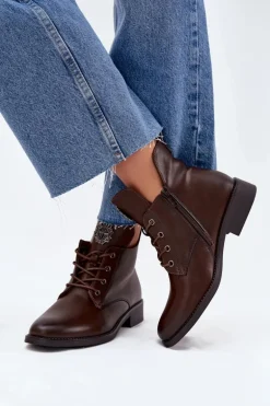 Niskie Botki Damskie Na Płaskim Obcasie Z Ozdobnym Detalem Ocieplane Brązowe Cylira