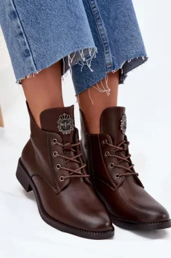 Niskie Botki Damskie Na Płaskim Obcasie Z Ozdobnym Detalem Ocieplane Brązowe Cylira