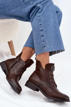 Niskie Botki Damskie Na Płaskim Obcasie Z Ozdobnym Detalem Ocieplane Brązowe Cylira