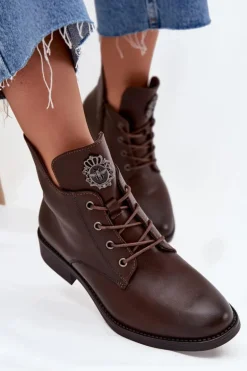 Niskie Botki Damskie Na Płaskim Obcasie Z Ozdobnym Detalem Ocieplane Brązowe Cylira