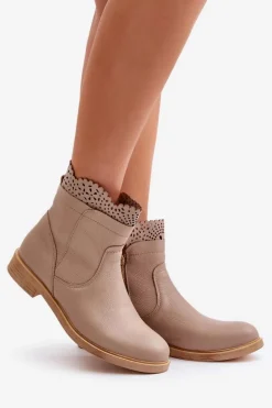 Niskie Botki Damskie Na Płaskim Obcasie Skórzane Lewski 3624 Beżowe