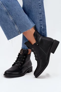 Niskie Botki Damskie Na Płaskim Obcasie Z Ozdobnym Detalem Ocieplane Czarne Cylira