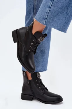 Niskie Botki Damskie Na Płaskim Obcasie Z Ozdobnym Detalem Ocieplane Czarne Cylira