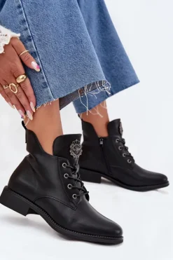 Niskie Botki Damskie Na Płaskim Obcasie Z Ozdobnym Detalem Ocieplane Czarne Cylira