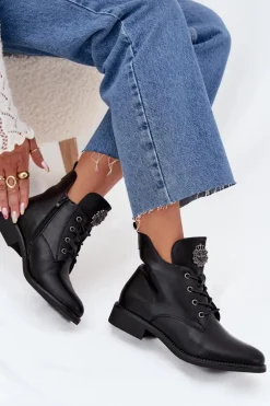 Niskie Botki Damskie Na Płaskim Obcasie Z Ozdobnym Detalem Ocieplane Czarne Cylira