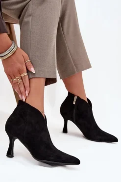 Niskie Botki Damskie Na Szpilce Eko Zamszowe Czarne Jolivra