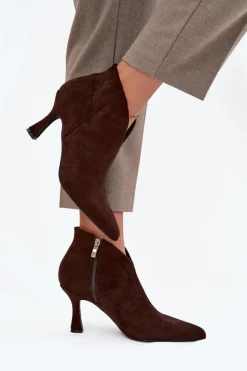 Niskie Botki Damskie Na Szpilce Eko Zamszowe Czekoladowe Jolivra