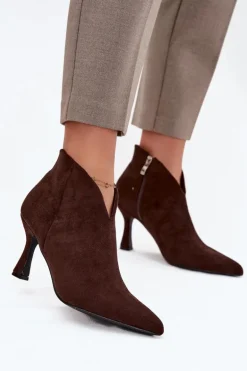 Niskie Botki Damskie Na Szpilce Eko Zamszowe Czekoladowe Jolivra