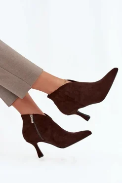 Niskie Botki Damskie Na Szpilce Eko Zamszowe Czekoladowe Jolivra