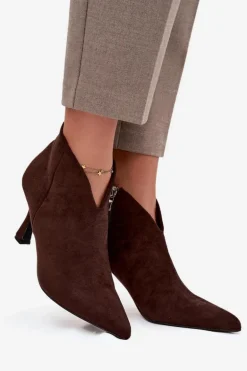 Niskie Botki Damskie Na Szpilce Eko Zamszowe Czekoladowe Jolivra