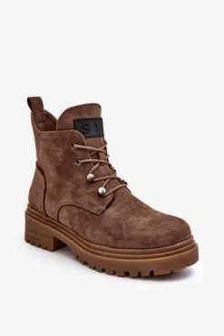 Niskie Botki Damskie Ocieplane Na Suwak Ciemnobeżowe Cameronia