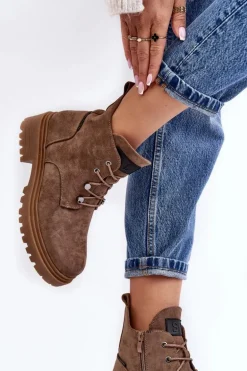 Niskie Botki Damskie Ocieplane Na Suwak Ciemnobeżowe Cameronia