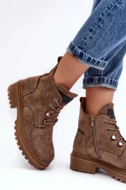 Niskie Botki Damskie Ocieplane Na Suwak Ciemnobeżowe Cameronia