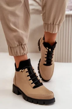 Niskie Botki Damskie Ocieplane Z Eko Skóry Beżowe Erisabelle