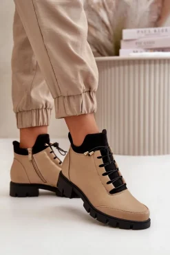 Niskie Botki Damskie Ocieplane Z Eko Skóry Beżowe Erisabelle