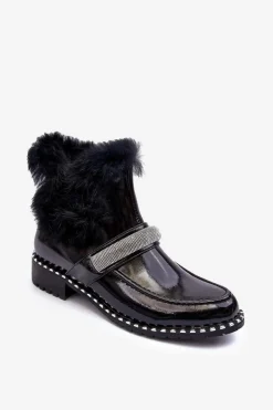 Niskie Botki Lakierowane Z Futerkiem I Ozdobą S.Barski MR870-74 Czarne