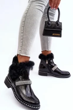 Niskie Botki Lakierowane Z Futerkiem I Ozdobą S.Barski MR870-74 Czarne