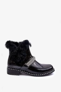 Niskie Botki Lakierowane Z Futerkiem I Ozdobą S.Barski MR870-74 Czarne