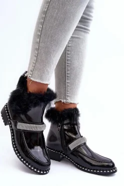 Niskie Botki Lakierowane Z Futerkiem I Ozdobą S.Barski MR870-74 Czarne