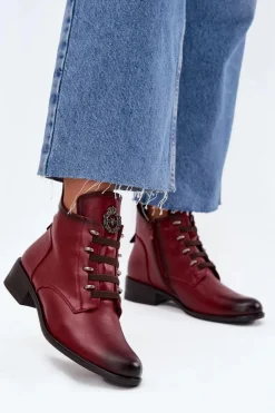 Niskie Botki Ocieplane Na Zamek Z Ozdobą Bordowe Nevalia
