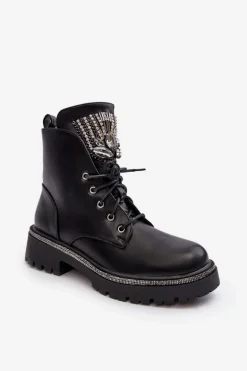 Niskie Botki Workery Z Biżuteryjną Ozdobą Czarne Melenope