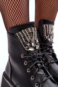 Niskie Botki Workery Z Biżuteryjną Ozdobą Czarne Melenope