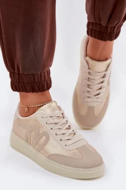 Niskie Buty Sportowe Damskie Z Eko Skóry Złoto-Beżowe Iladira