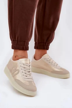 Niskie Buty Sportowe Damskie Z Eko Skóry Złoto-Beżowe Iladira