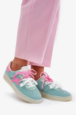 Niskie Buty Sportowe Damskie W Panterkę Miętowo-Różowe Zelevelis