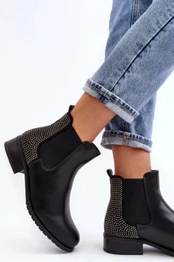 Niskie Damskie Botki Sztyblety Ze Zdobieniem Czarne Donname