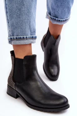 Niskie Damskie Botki Sztyblety Ze Zdobieniem Czarne Donname