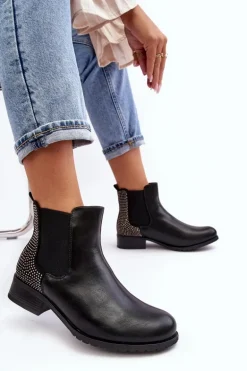 Niskie Damskie Botki Sztyblety Ze Zdobieniem Czarne Donname