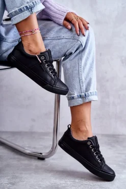 Niskie Damskie Skórzane Trampki Big Star KK274006 Czarne