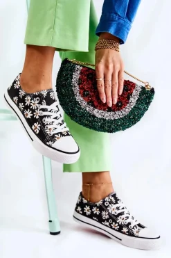 Niskie Damskie Trampki W Kwiaty Czarne Janey