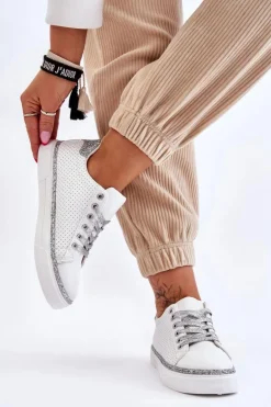 Niskie Damskie Trampki Z Perforacją Biało-Srebrne Daxton