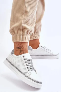 Niskie Damskie Trampki Z Perforacją Biało-Srebrne Daxton